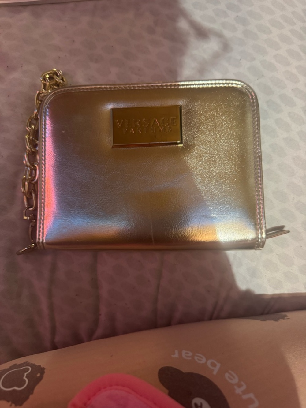 Versace Collection Metallic Gold Iridescent Zip Wallet with Chain
